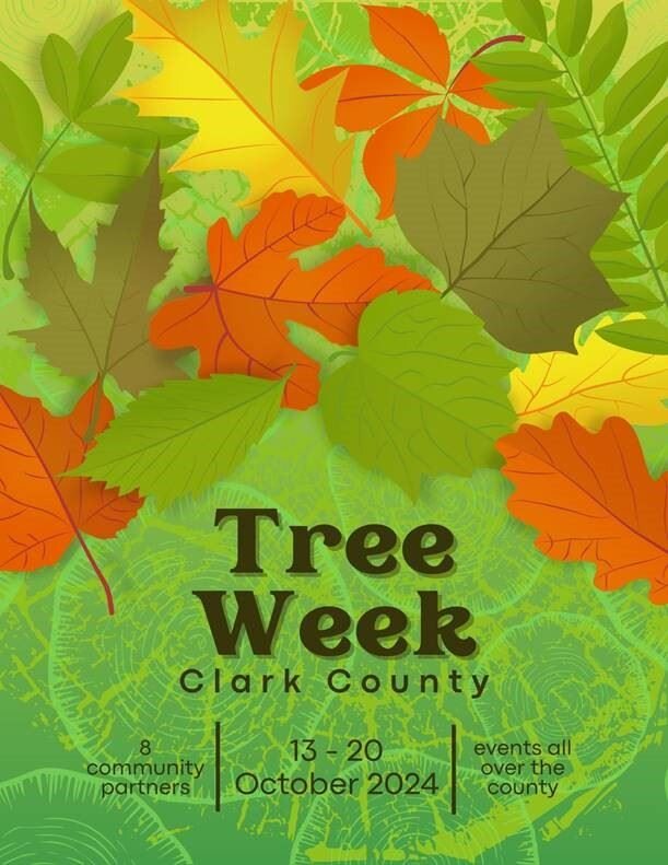 Poster for “Tree Week, Clark County,” featuring colorful autumn leaves in shades of orange, yellow, green, and brown surrounding the event details. Text reads: “Tree Week – Clark County. October 13–20, 2024. 8 community partners. Events all over the county.” The background includes a light green pattern resembling tree rings.