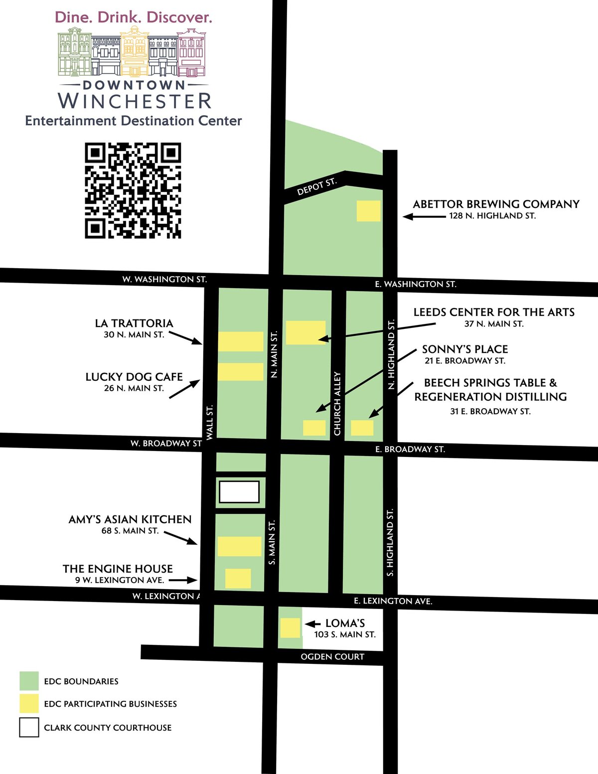 A simplified map titled “Downtown Winchester Entertainment Destination Center” showing participating restaurants and venues within the designated Entertainment District. The map includes labeled streets — W. Washington St., E. Washington St., Depot St., W. Broadway St., E. Broadway St., W. Lexington Ave., E. Lexington Ave., Ogden Court, Wall St., N. Main St., S. Main St., N. Highland St., and S. Highland St. Green areas mark the Entertainment Destination Center (EDC) boundaries, and yellow blocks mark participating businesses. Labeled participating locations include: Abettor Brewing Company, 128 N. Highland St. La Trattoria, 30 N. Main St. Lucky Dog Café, 26 N. Main St. Leeds Center for the Arts, 37 N. Main St. Sonny’s Place, 21 E. Broadway St. Beech Springs Table & Regeneration Distilling, 31 E. Broadway St. Amy’s Asian Kitchen, 68 S. Main St. The Engine House, 9 W. Lexington Ave. Loma’s, 103 S. Main St. The Clark County Courthouse is outlined in black near S. Main Street. A QR code appears near the top left under the “Dine. Drink. Discover.” heading.