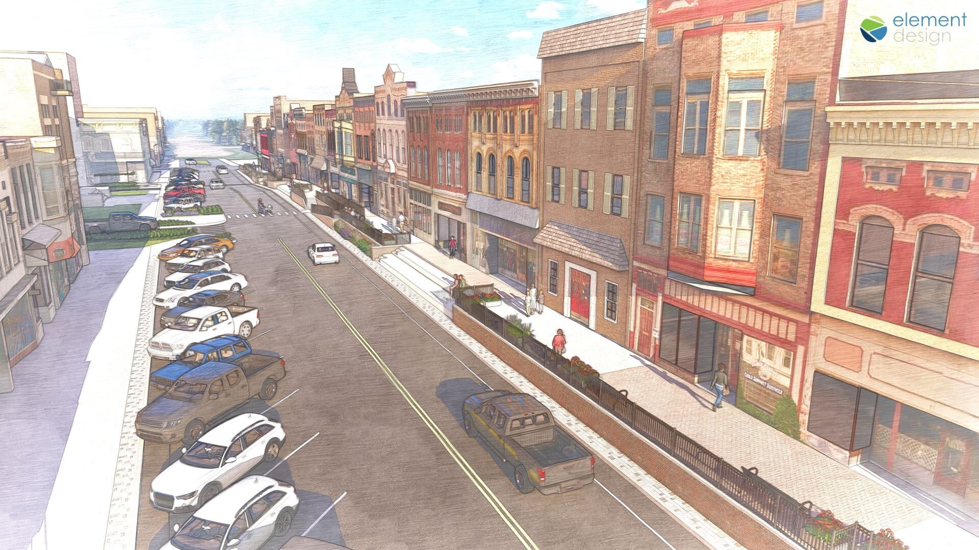 Rendering of a downtown street with historic buildings, parked cars, and wide sidewalks.