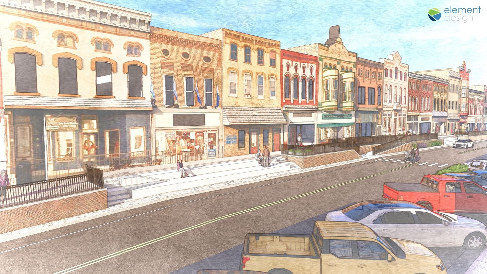 Rendering of a downtown street with historic buildings and parked vehicles along the curb.