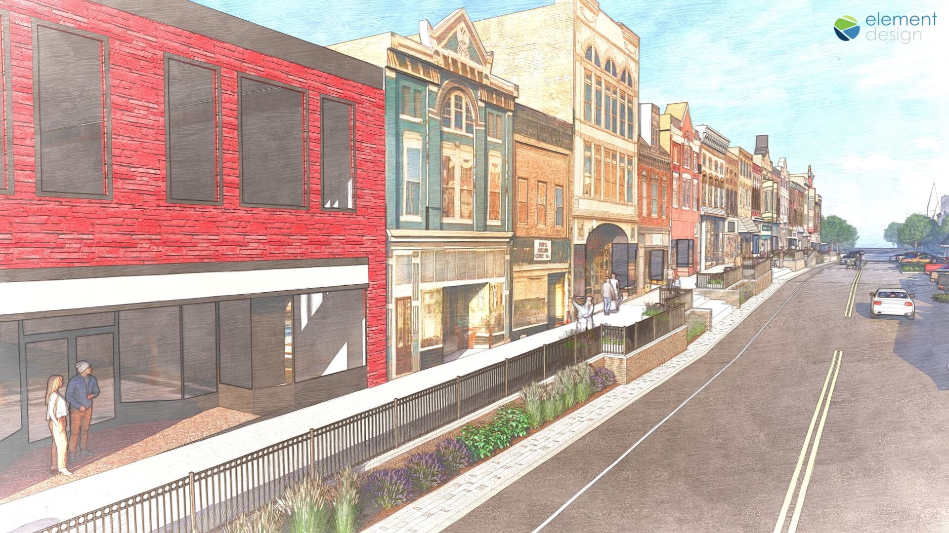 Rendering of a downtown street with historic buildings, a red modern building, and landscaped sidewalks.