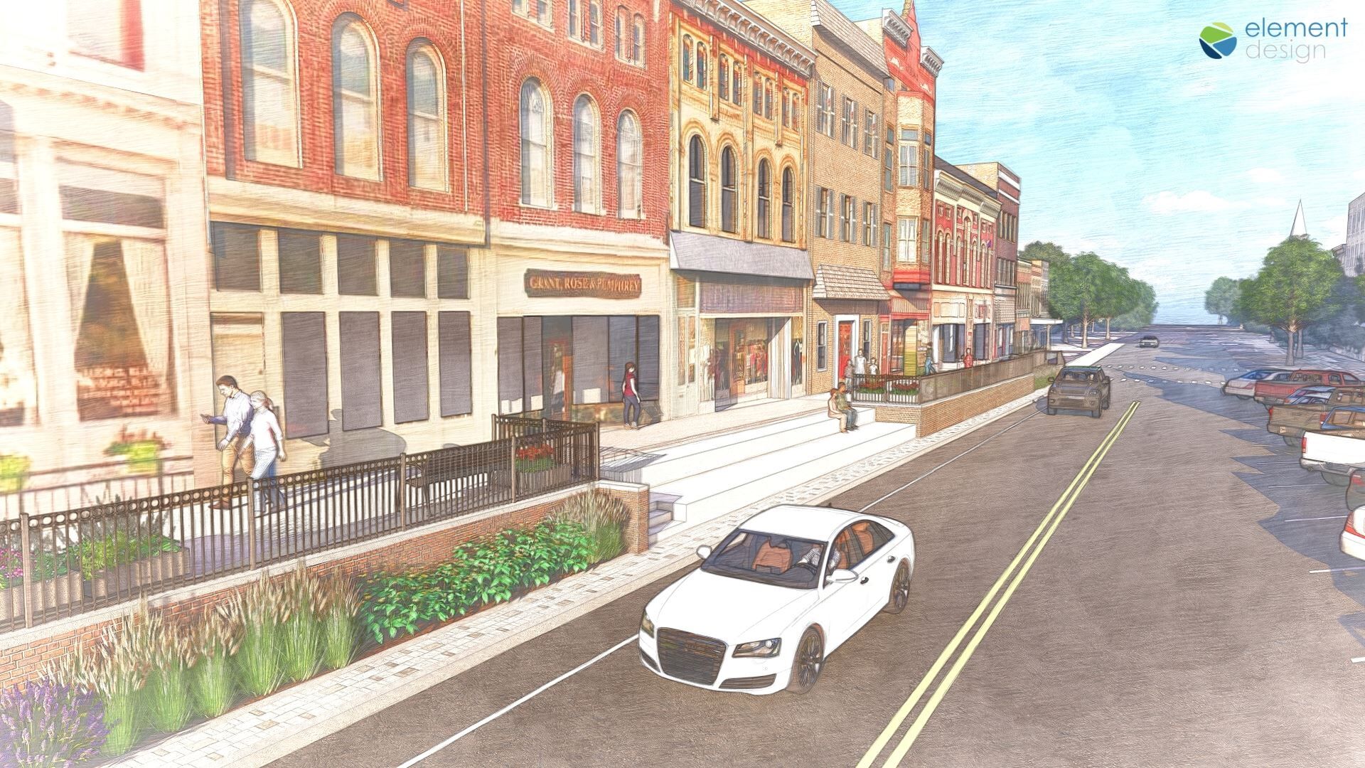Rendering of a downtown street with historic storefronts, a white car, and landscaped sidewalks.