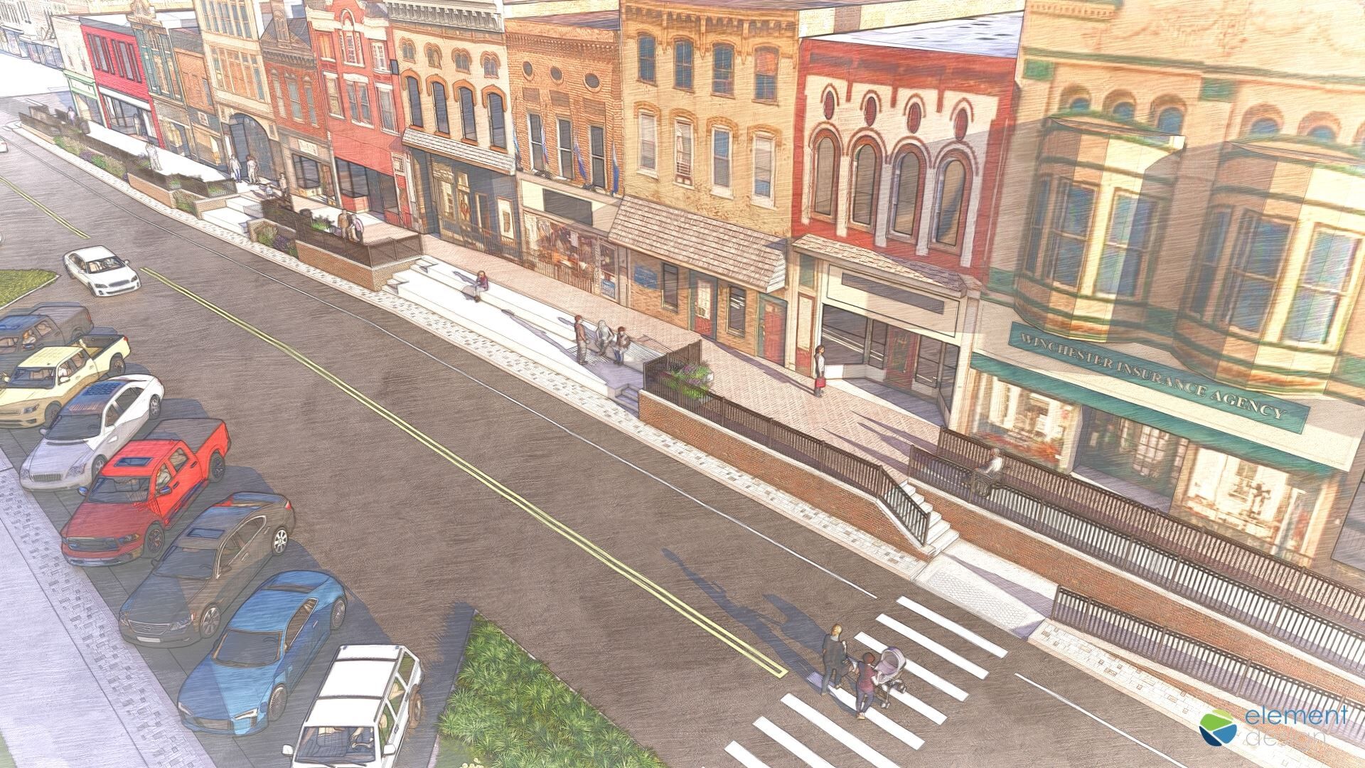 Rendering of a downtown street with historic buildings, parked cars, and a crosswalk in the foreground.