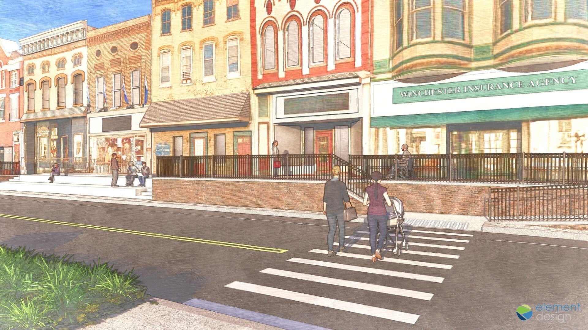 Rendering of a downtown street with historic buildings, a crosswalk, and two people pushing a stroller.
